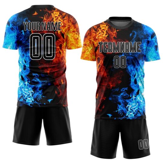 Blue & Orange Flame Sublimation Printing Design Football Uniform