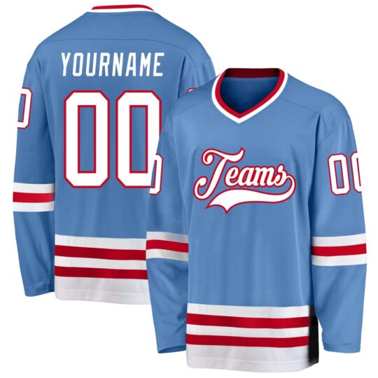 Sky Blue Red & White Hockey Uniform